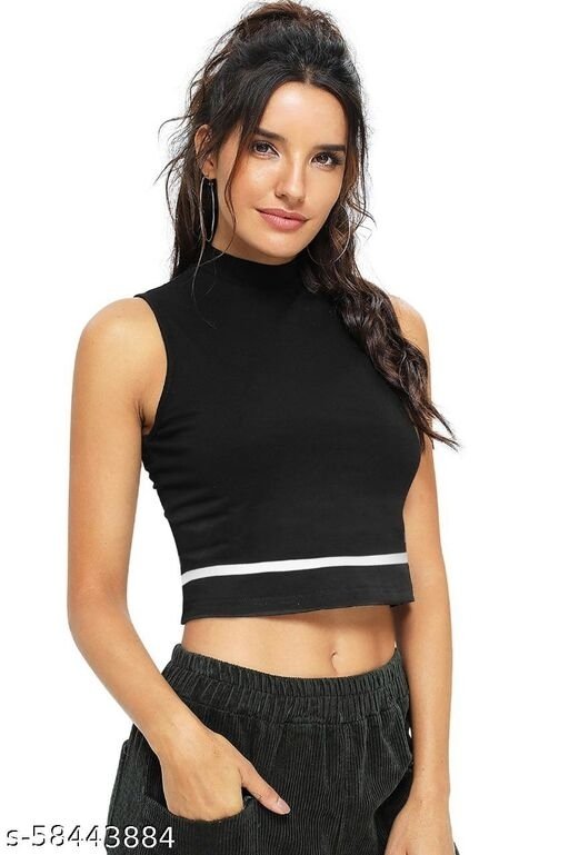 Sleeveless Casual Striped BlackPolyester Blend Crop Top (18"Inches) - S, available