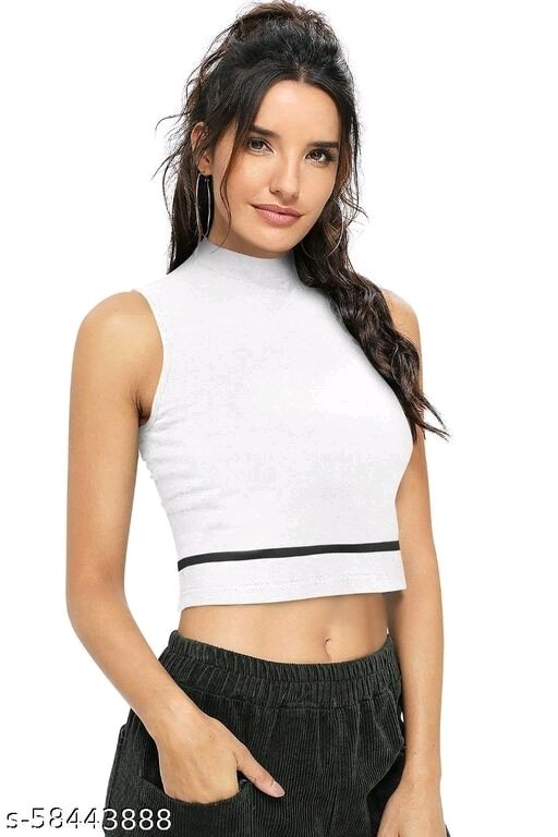 Sleeveless Casual Striped WhitePolyester Blend Crop Top (18"Inches) - XL, available