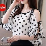 RWT-01019 White_Polka Dott Flared Sleeves Cold Shoulder Top - L, available