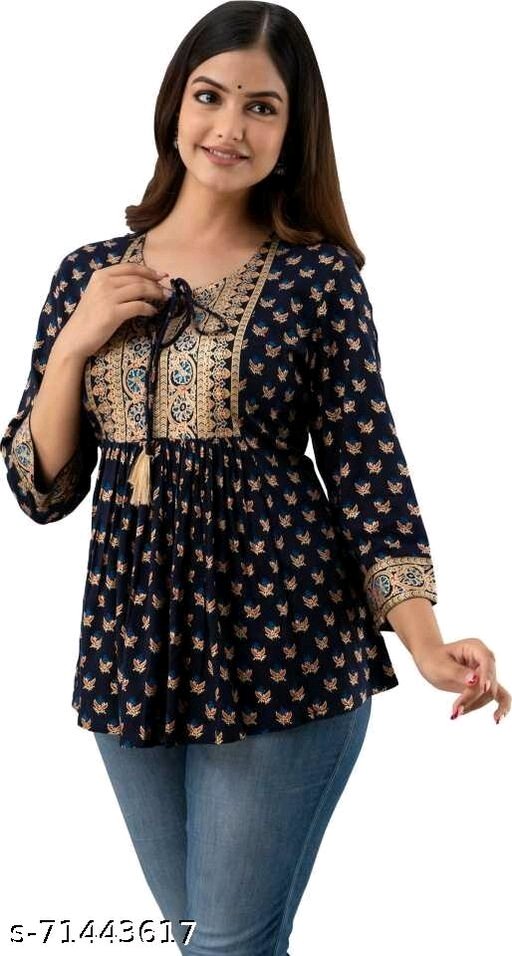 Women Rayon Printed Navy Blue Top - XL, available