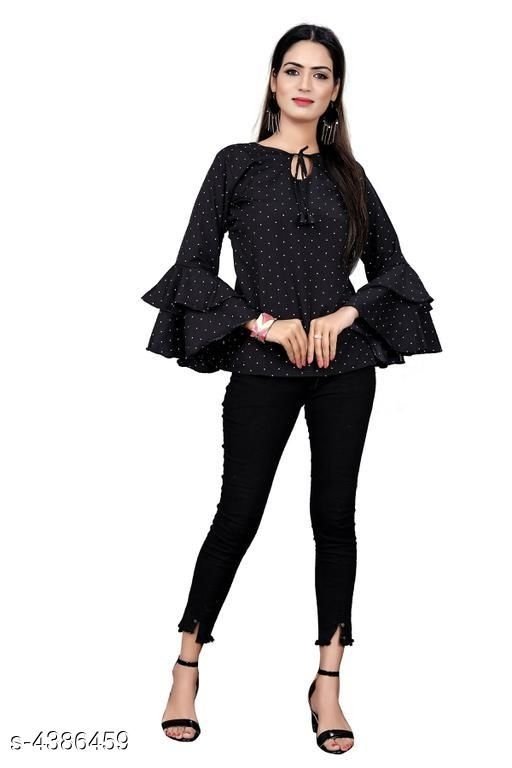 Women's Printed Black Crepe Top - L, available